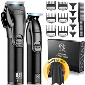 The NOVAH professional barber clipper and trimmer set provides precise haircuts with cordless convenience, featuring an all-metal design, long-lasting battery, adjustable settings, and multiple guards for barbers and home use.