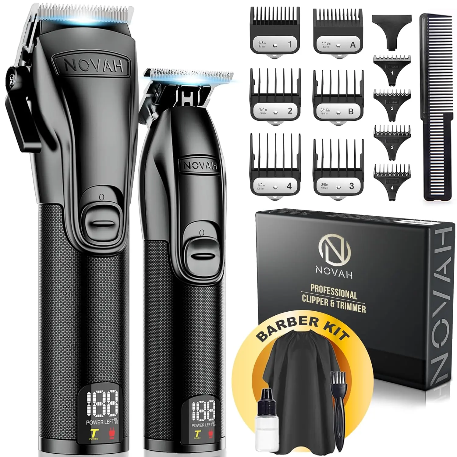 The NOVAH professional barber clipper and trimmer set provides precise haircuts with cordless convenience, featuring an all-metal design, long-lasting battery, adjustable settings, and multiple guards for barbers and home use.