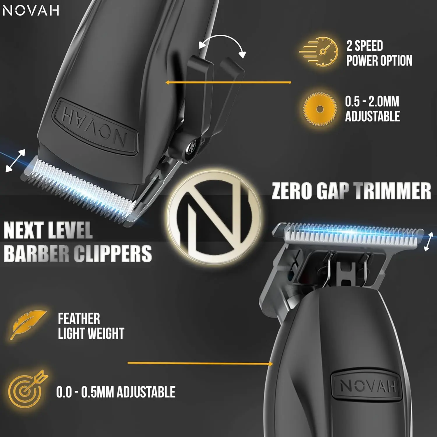 The NOVAH professional barber clipper and trimmer set provides precise haircuts with cordless convenience, featuring an all-metal design, long-lasting battery, adjustable settings, and multiple guards for barbers and home use.
