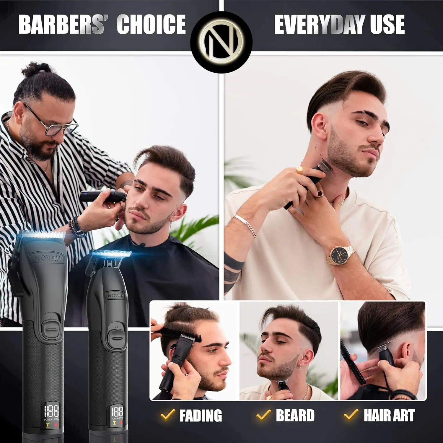 The NOVAH professional barber clipper and trimmer set provides precise haircuts with cordless convenience, featuring an all-metal design, long-lasting battery, adjustable settings, and multiple guards for barbers and home use.