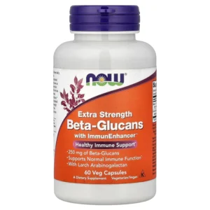 This image shows Now Foods Beta-Glucans capsules which support a healthy immune system by maintaining macrophage activity and immunoglobulin production with Beta-1, 3/1, 6 D-Glucan.