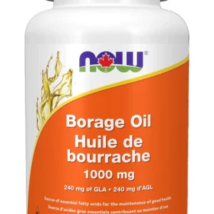 Bottle of NOW Borage Oil 1000mg softgels, a nutritional oil with polyunsaturated fats, expeller-pressed and hexane-free.