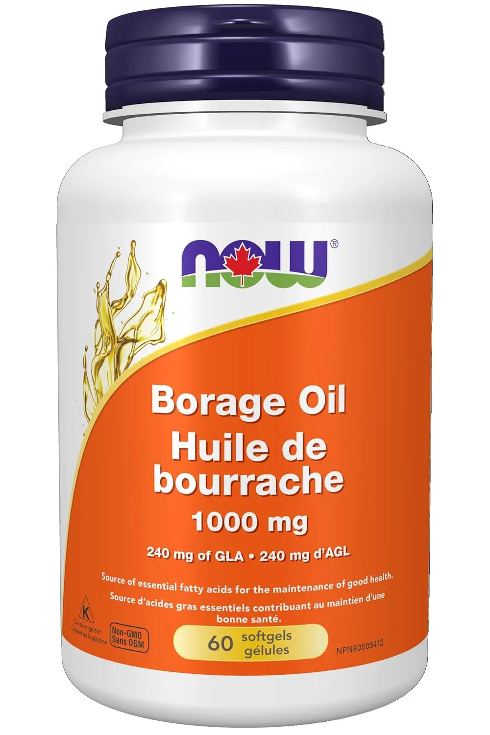 Bottle of NOW Borage Oil 1000mg softgels, a nutritional oil with polyunsaturated fats, expeller-pressed and hexane-free.