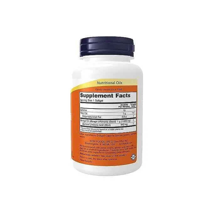 Bottle of NOW Borage Oil 1000mg softgels, a nutritional oil with polyunsaturated fats, expeller-pressed and hexane-free.