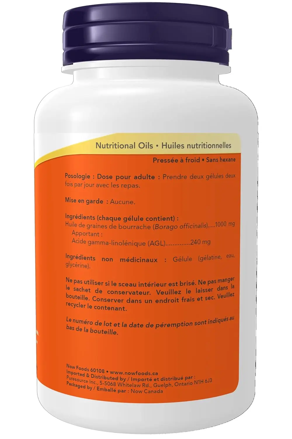 Bottle of NOW Borage Oil 1000mg softgels, a nutritional oil with polyunsaturated fats, expeller-pressed and hexane-free.