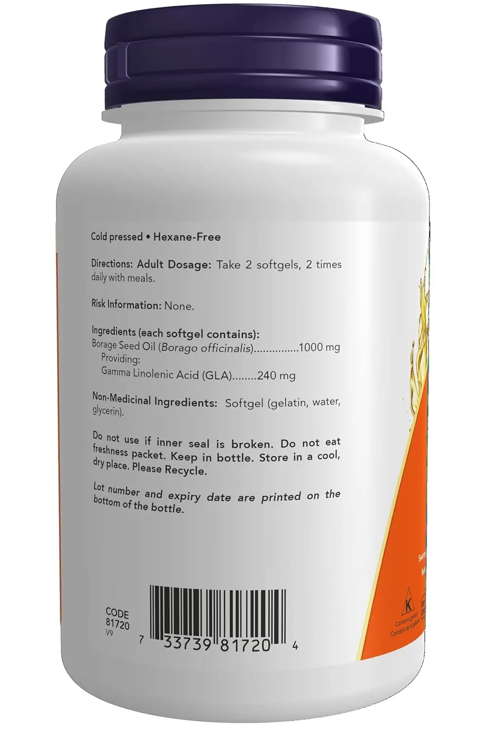 Bottle of NOW Borage Oil 1000mg softgels, a nutritional oil with polyunsaturated fats, expeller-pressed and hexane-free.