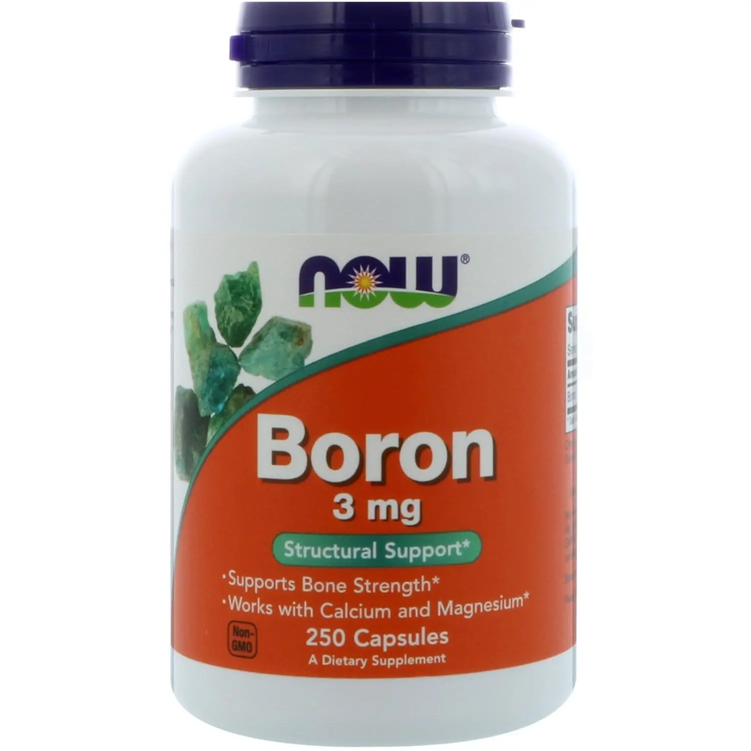 Bottle of Now Foods Boron 3mg containing 250 capsules for daily mineral supplementation.