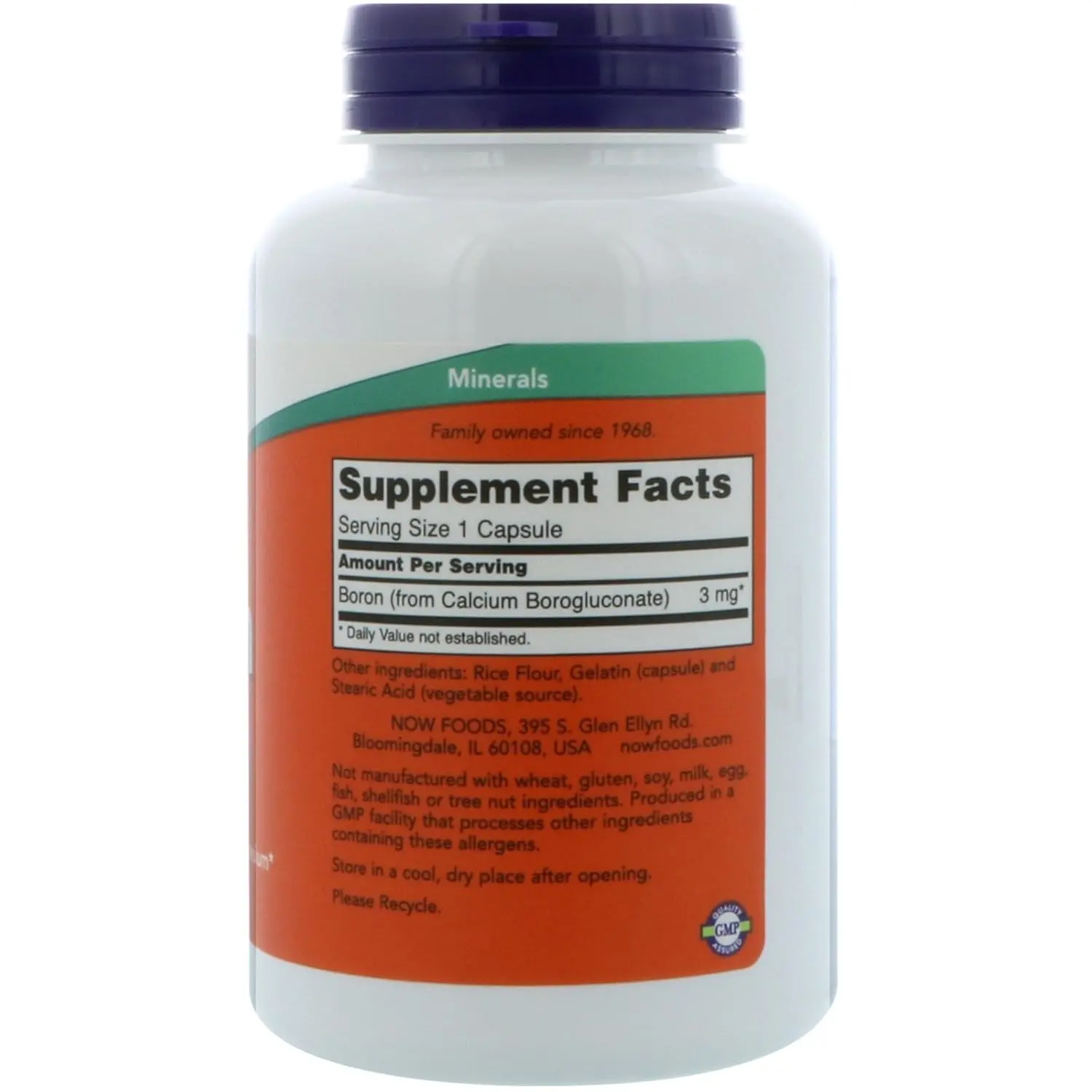 Bottle of Now Foods Boron 3mg containing 250 capsules for daily mineral supplementation.