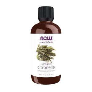 A four fluid ounce bottle of Now Foods Citronella Essential Oil, steam distilled from Cymbopogon Winterianus, known for its pungent, musky, and citrus-like aroma, and its clarifying, freshening, and purifying benefits.