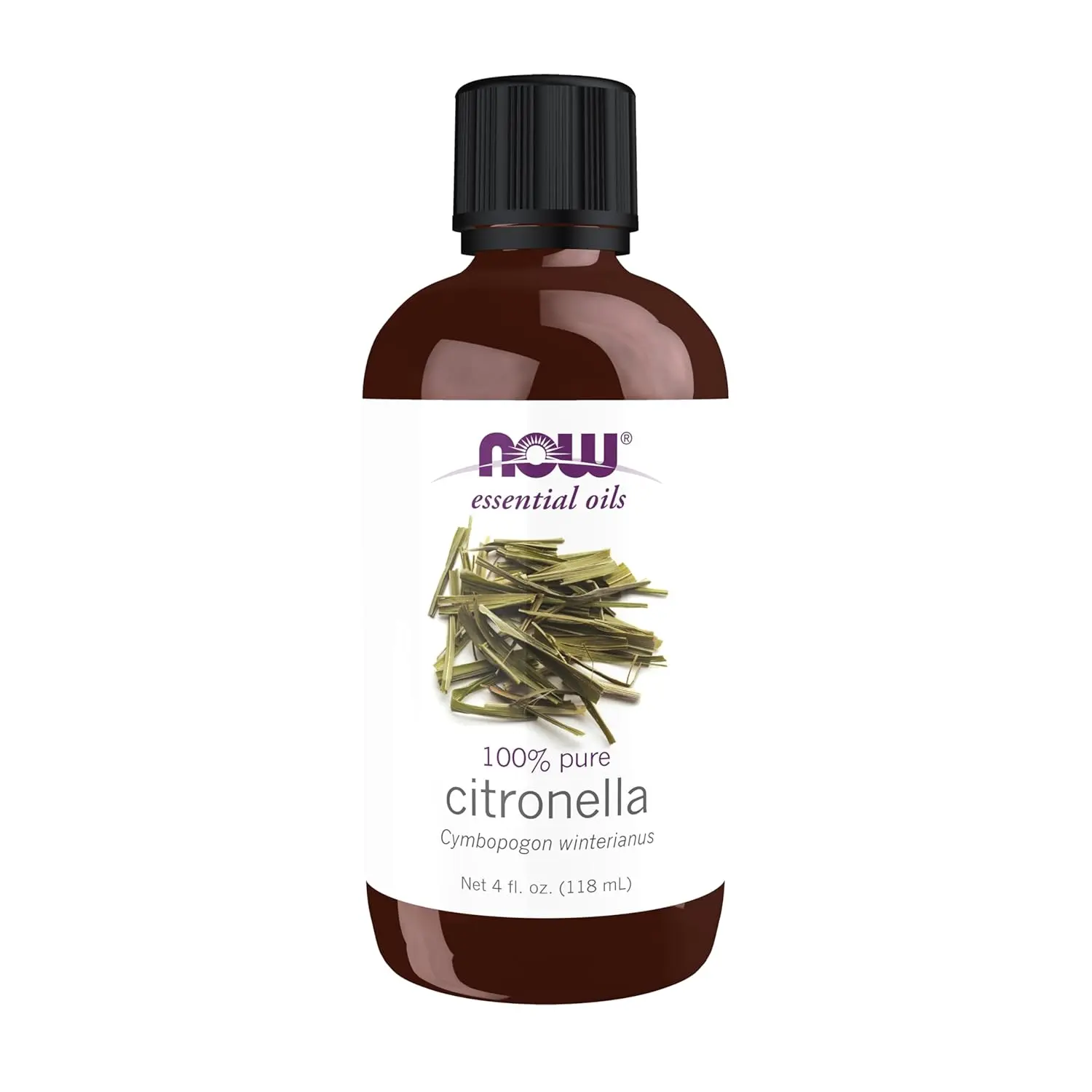 A four fluid ounce bottle of Now Foods Citronella Essential Oil, steam distilled from Cymbopogon Winterianus, known for its pungent, musky, and citrus-like aroma, and its clarifying, freshening, and purifying benefits.