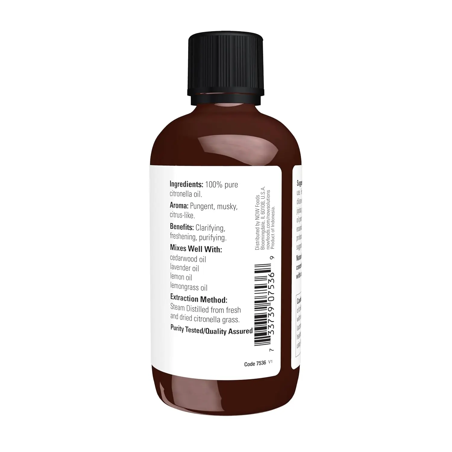 A four fluid ounce bottle of Now Foods Citronella Essential Oil, steam distilled from Cymbopogon Winterianus, known for its pungent, musky, and citrus-like aroma, and its clarifying, freshening, and purifying benefits.