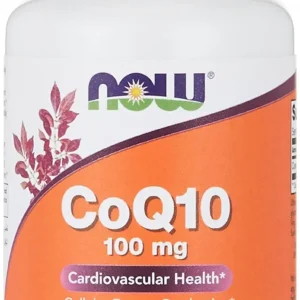Now Foods CoQ10 100mg softgels, fortified with Vitamin E, supporting healthy heart muscle, cellular energy, and providing antioxidant protection.