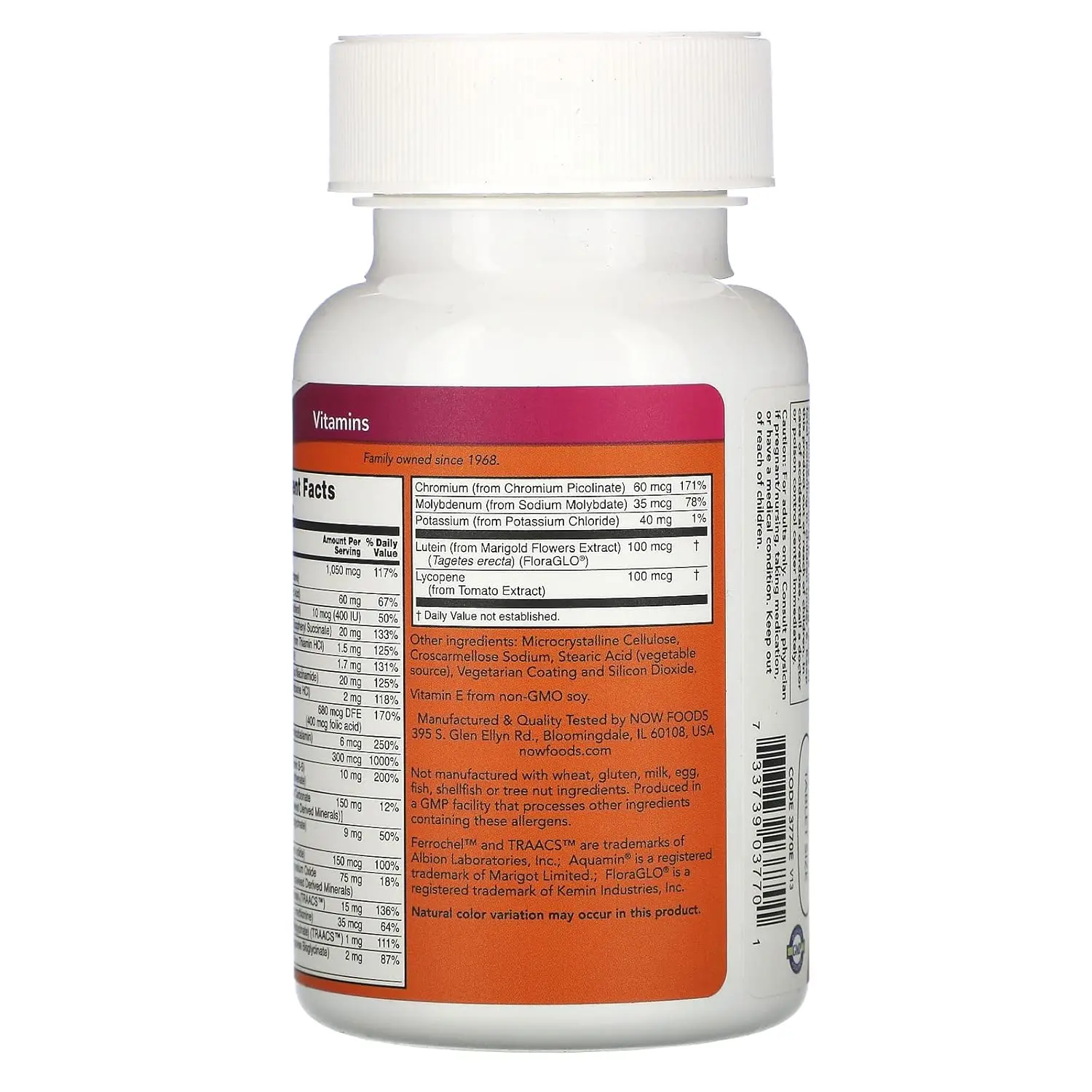 Bottle of NOW Foods Daily Vits multi tablets with lutein and lycopene, suitable for vegans and vegetarians.