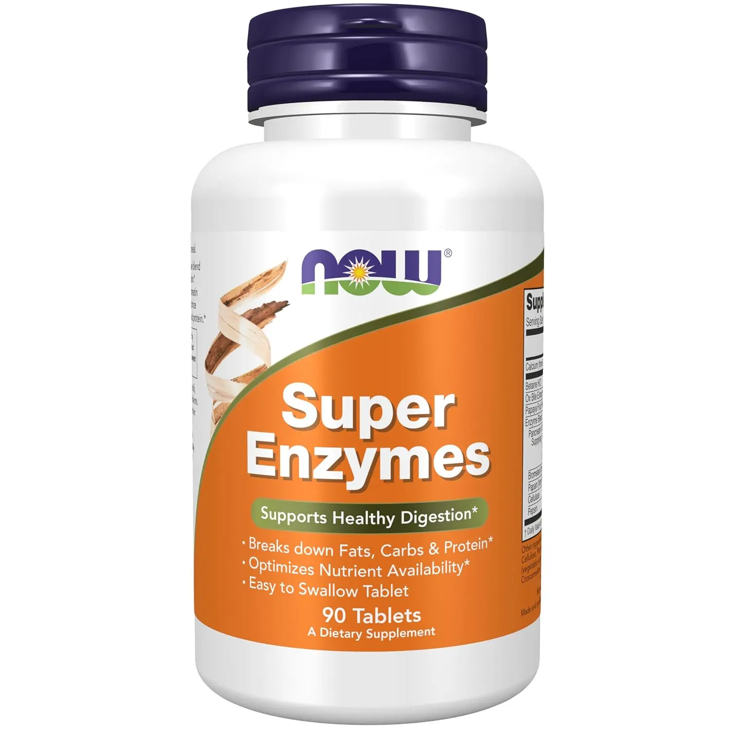 Bottle of NOW Foods Super Enzymes digestive support supplement, containing 90 tablets.