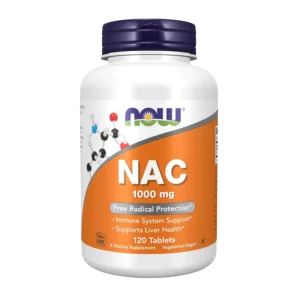 A bottle of Now Foods NAC 1000mg, 120 tablets, offering antioxidant protection for adults.