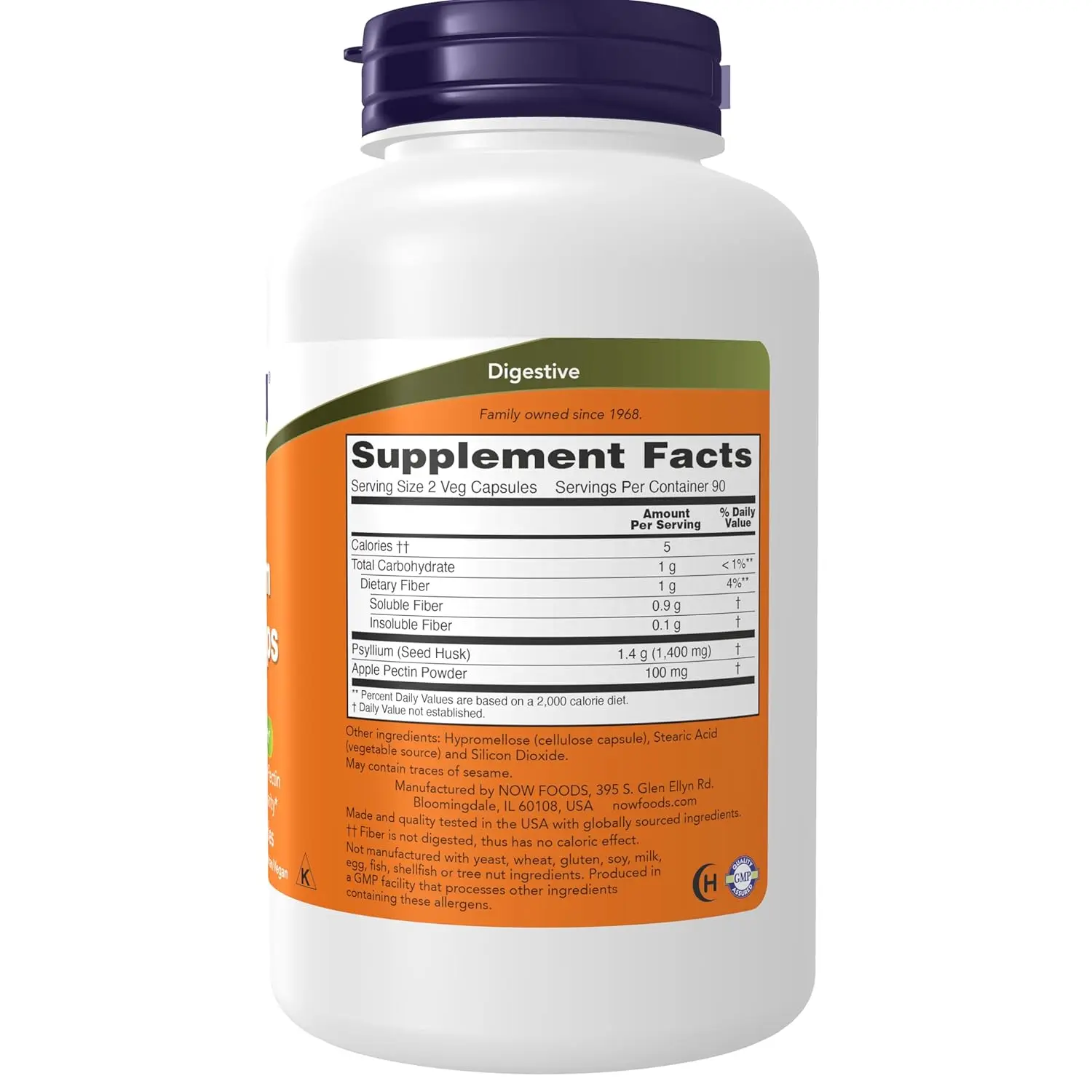 This is a bottle of Now Foods Psyllium Husk capsules, a food supplement containing 700mg of psyllium husk per capsule, with 180 capsules in total.