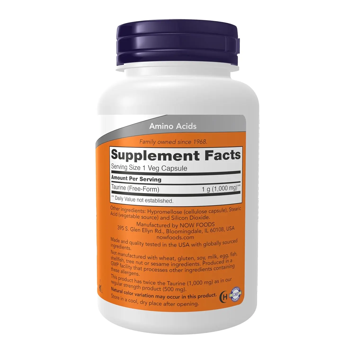 Now Foods Taurine double strength 1000mg supplement in vegetable capsules for unisex use, 100 servings.