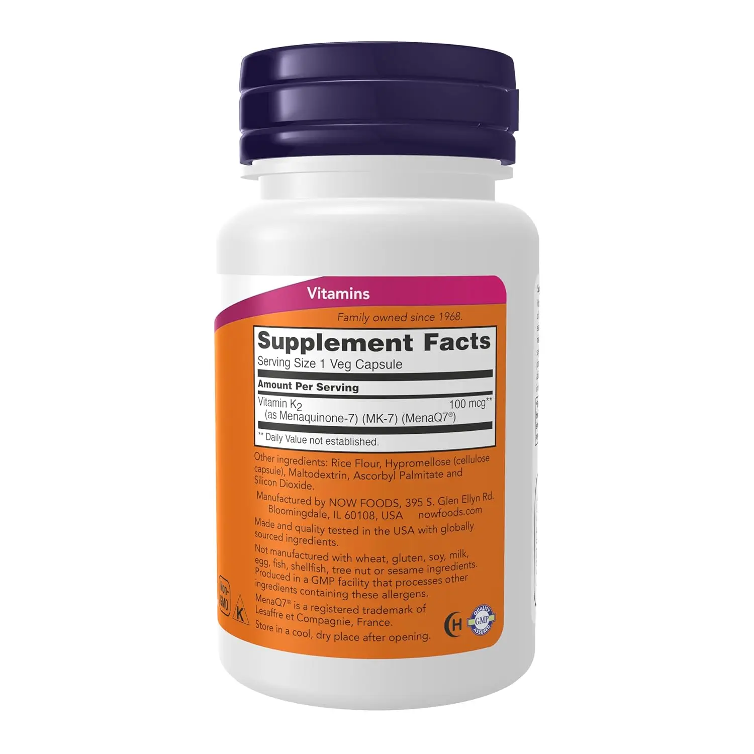 Now Foods Vitamin K-2 supplement in veg capsules supports bone health, calcium metabolism and strong bone matrix formation, and is made without gluten, dairy, eggs, nuts and GMO ingredients.