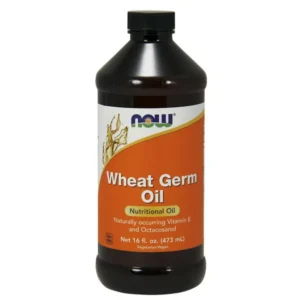 Bottle of NOW Foods wheat germ oil, a vegetarian liquid nutritional oil with Vitamin E.