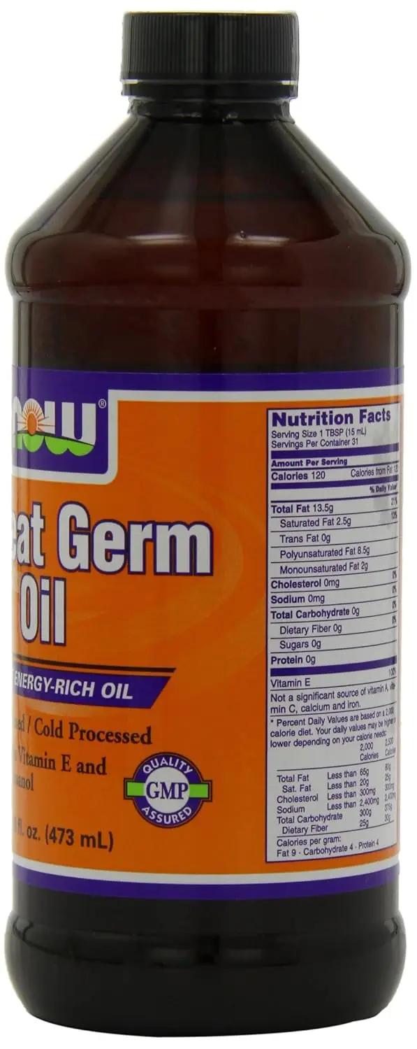 Bottle of NOW Foods wheat germ oil, a vegetarian liquid nutritional oil with Vitamin E.