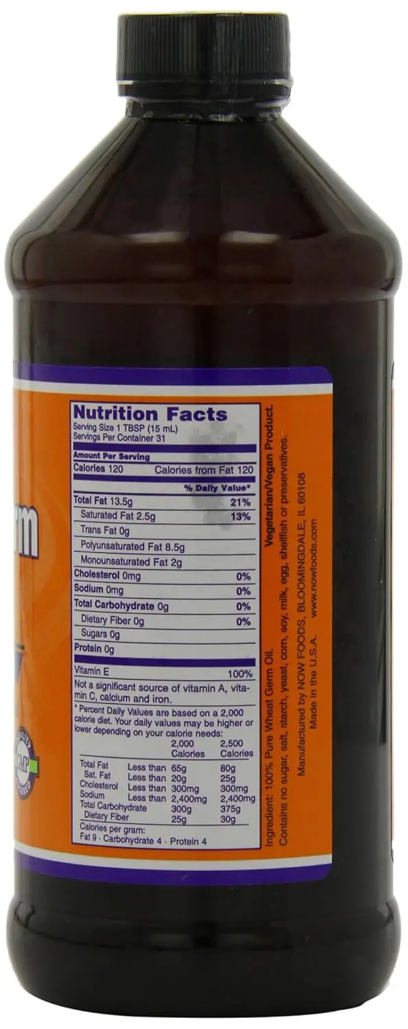 Bottle of NOW Foods wheat germ oil, a vegetarian liquid nutritional oil with Vitamin E.