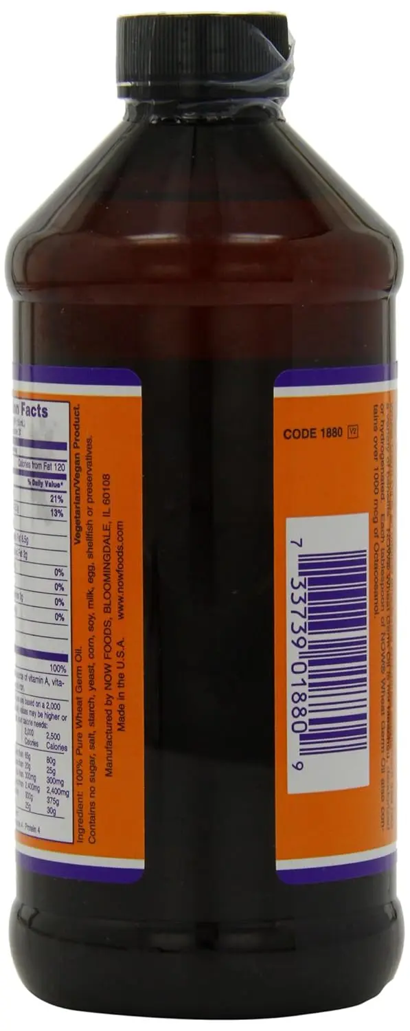Bottle of NOW Foods wheat germ oil, a vegetarian liquid nutritional oil with Vitamin E.