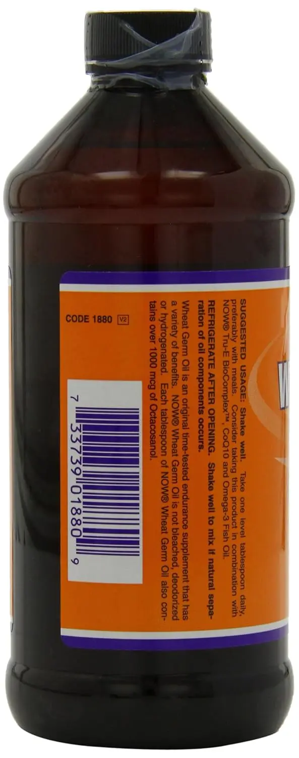 Bottle of NOW Foods wheat germ oil, a vegetarian liquid nutritional oil with Vitamin E.