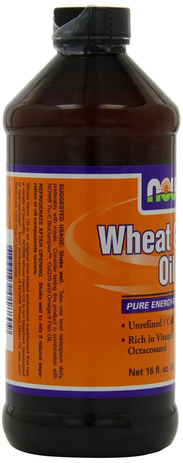 Bottle of NOW Foods wheat germ oil, a vegetarian liquid nutritional oil with Vitamin E.