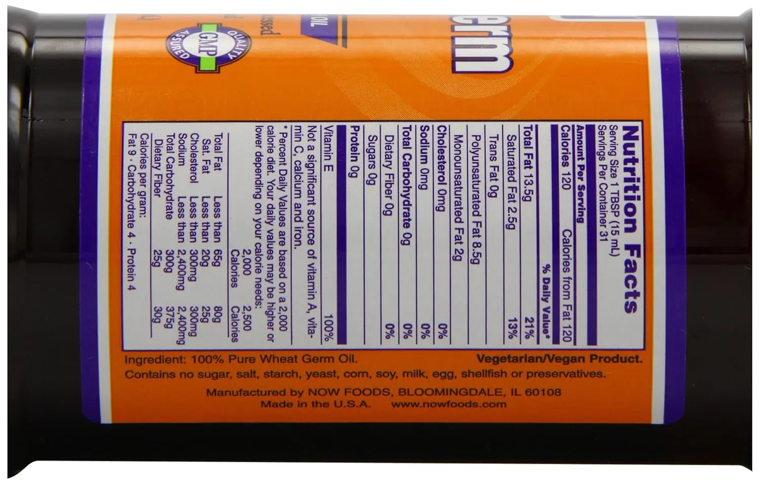 Bottle of NOW Foods wheat germ oil, a vegetarian liquid nutritional oil with Vitamin E.