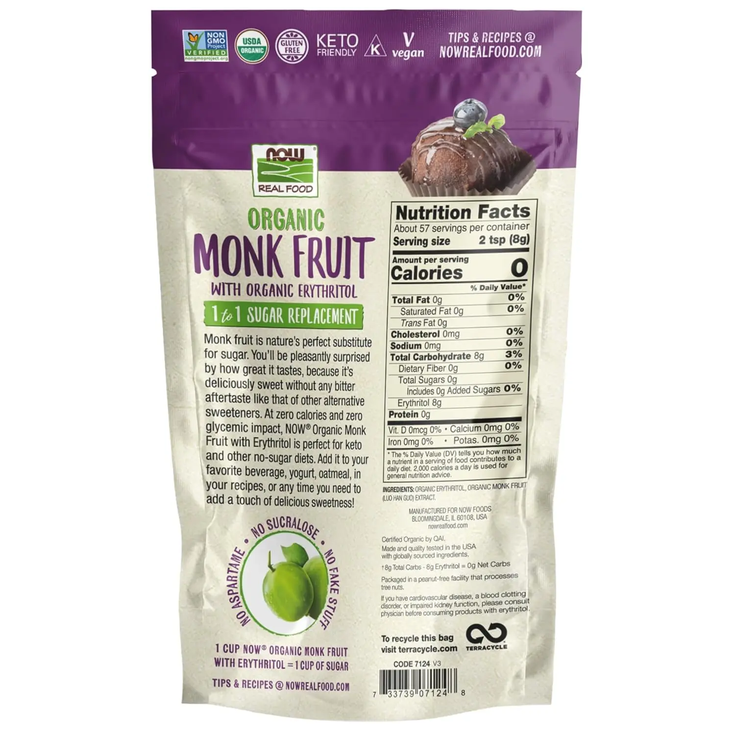 One pound bag of NOW Foods Monk Fruit Sweetener, a zero calorie and keto-friendly sugar alternative made with organic monk fruit and erythritol, perfect for baking and sweetening beverages.