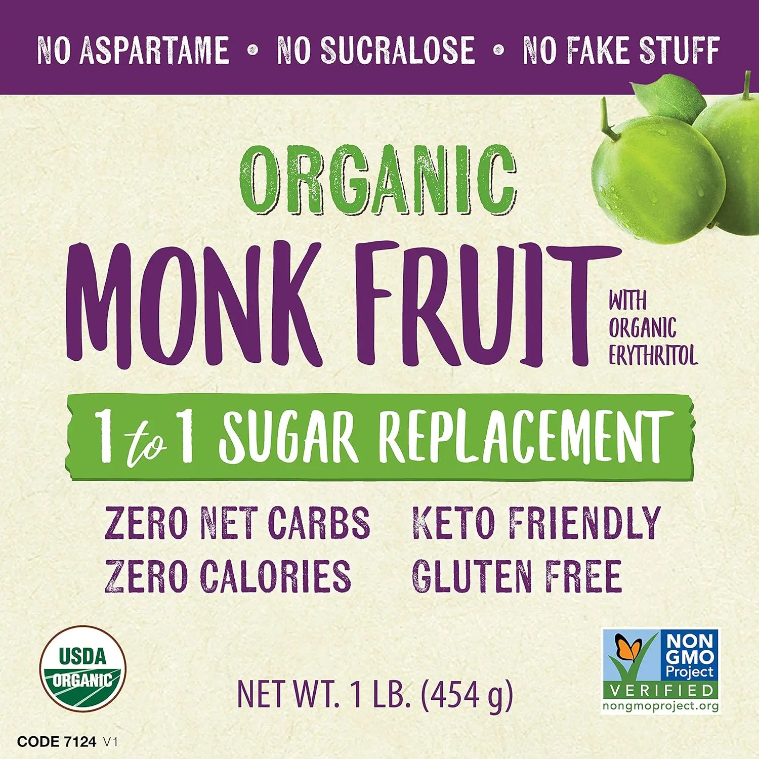 One pound bag of NOW Foods Monk Fruit Sweetener, a zero calorie and keto-friendly sugar alternative made with organic monk fruit and erythritol, perfect for baking and sweetening beverages.