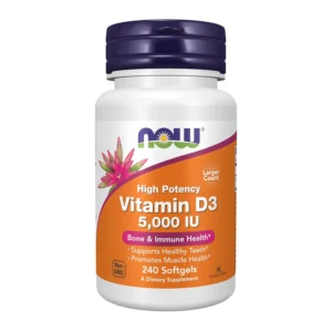 Bottle of NOW Vitamin D-3 5000 IU softgels, a high potency vitamin D supplement to support bone health and immune function.