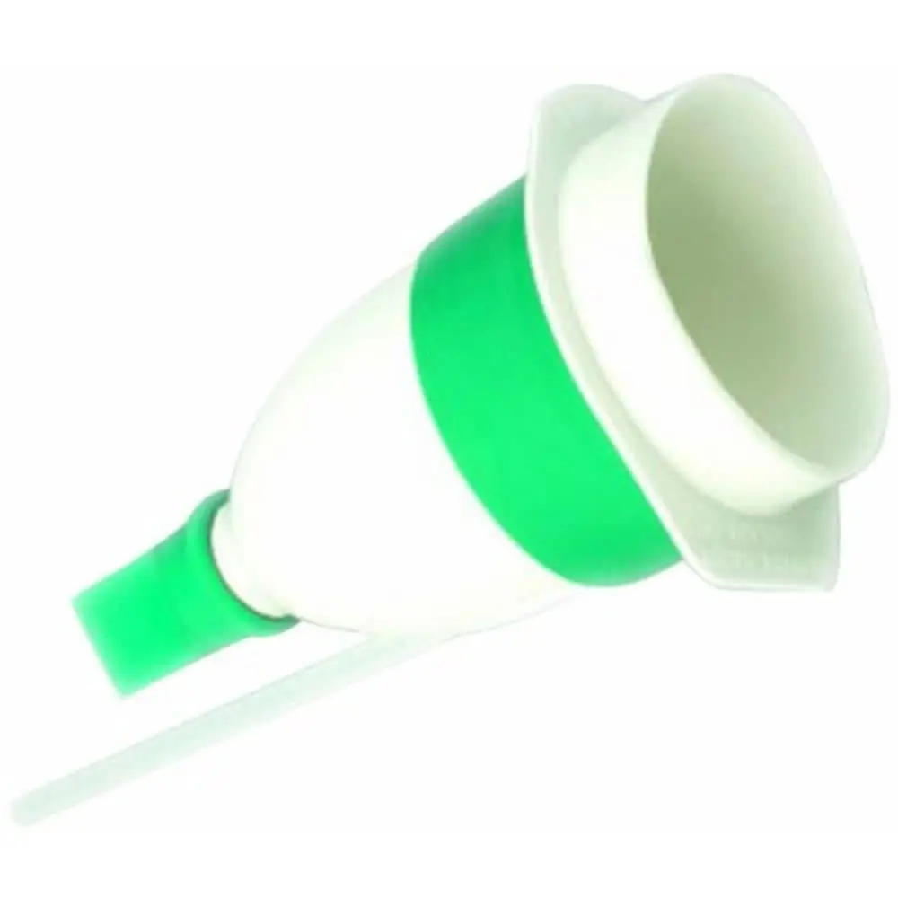 Clear polypropylene NRS Healthcare male urinal bottle with non return valve, handle, cap and graduated markings for output recording, converting standard urinals into leak-resistant portable toileting for men.