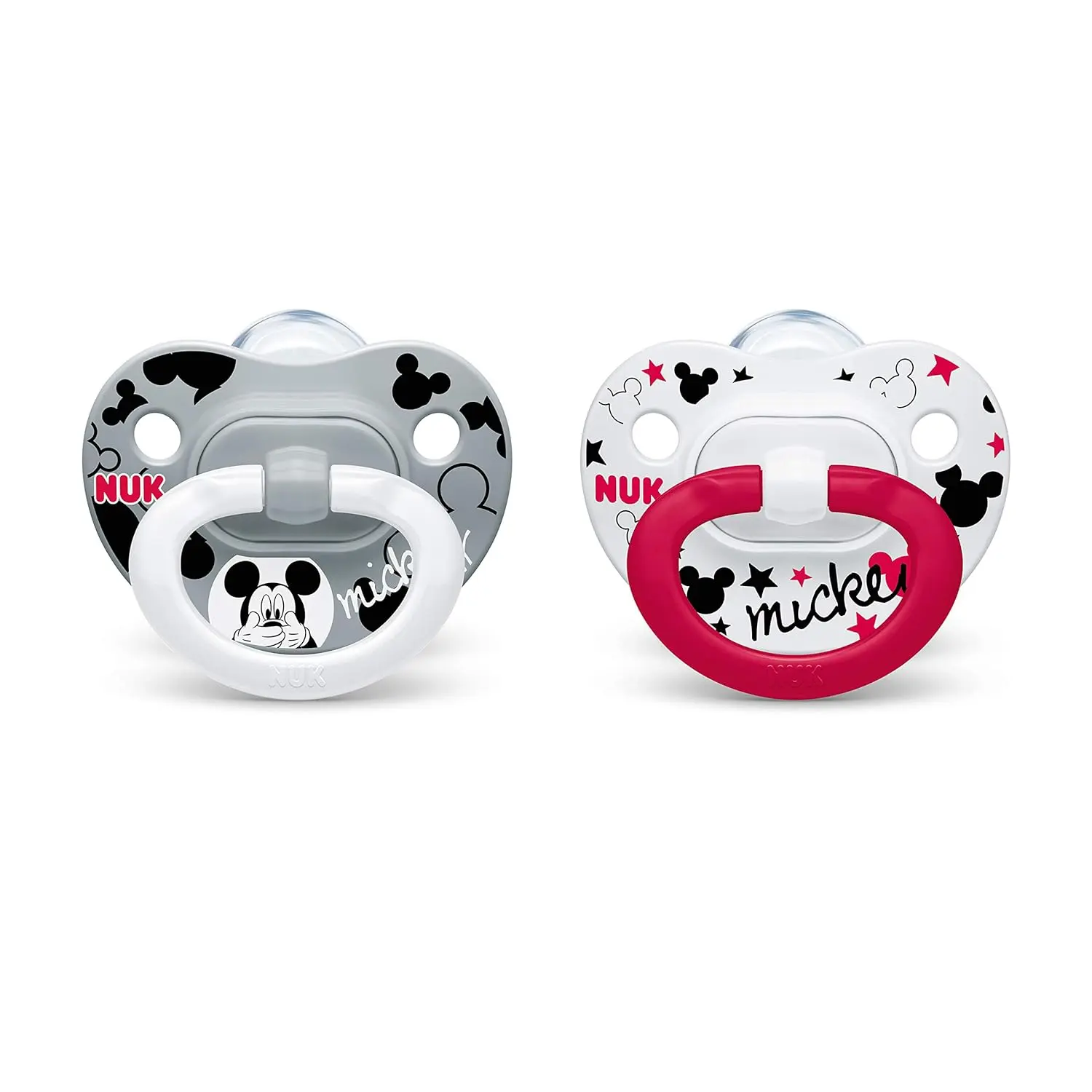 Two NUK Disney Mickey Mouse orthodontic pacifiers for babies ages 6 to 18 months, featuring an asymmetrical shape, heart-shaped shield, and reusable storage case.