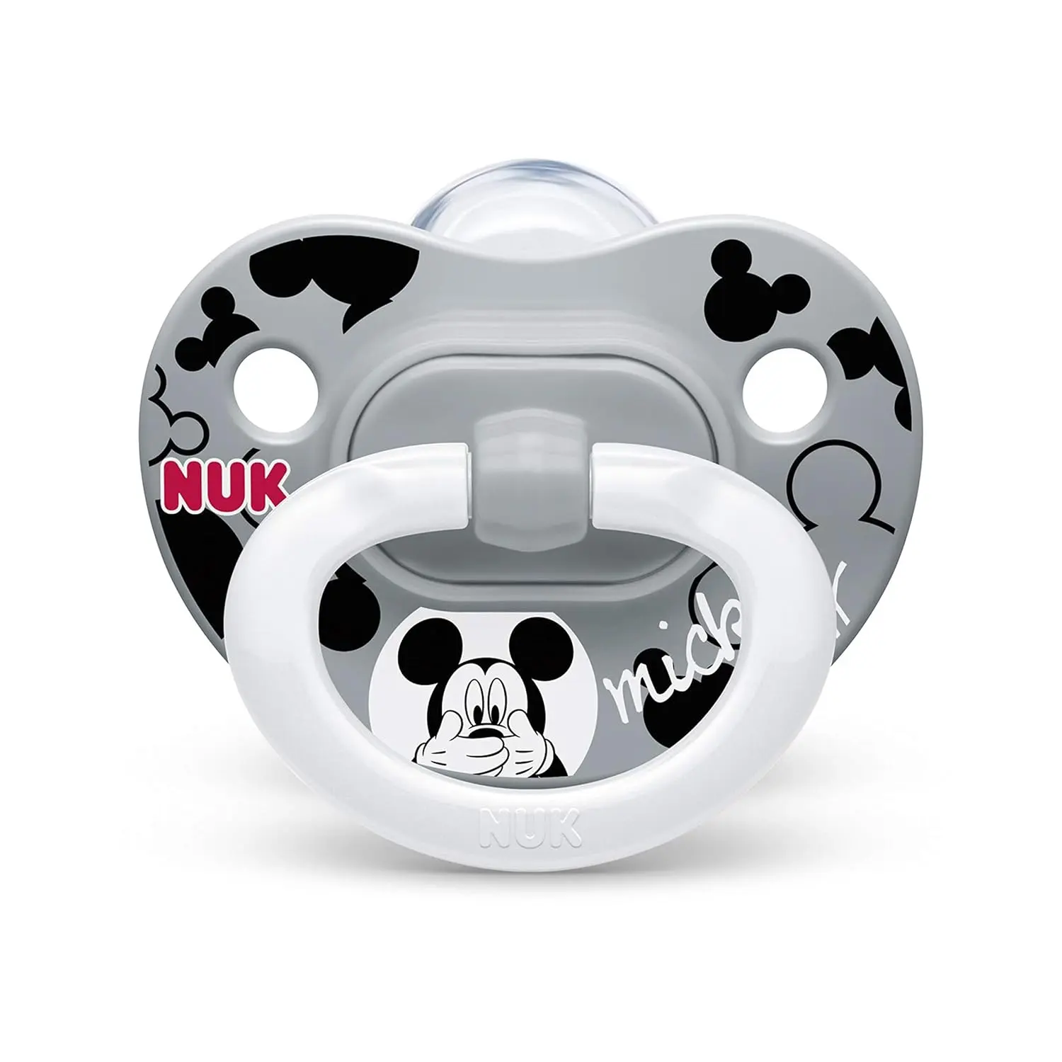 Two NUK Disney Mickey Mouse orthodontic pacifiers for babies ages 6 to 18 months, featuring an asymmetrical shape, heart-shaped shield, and reusable storage case.