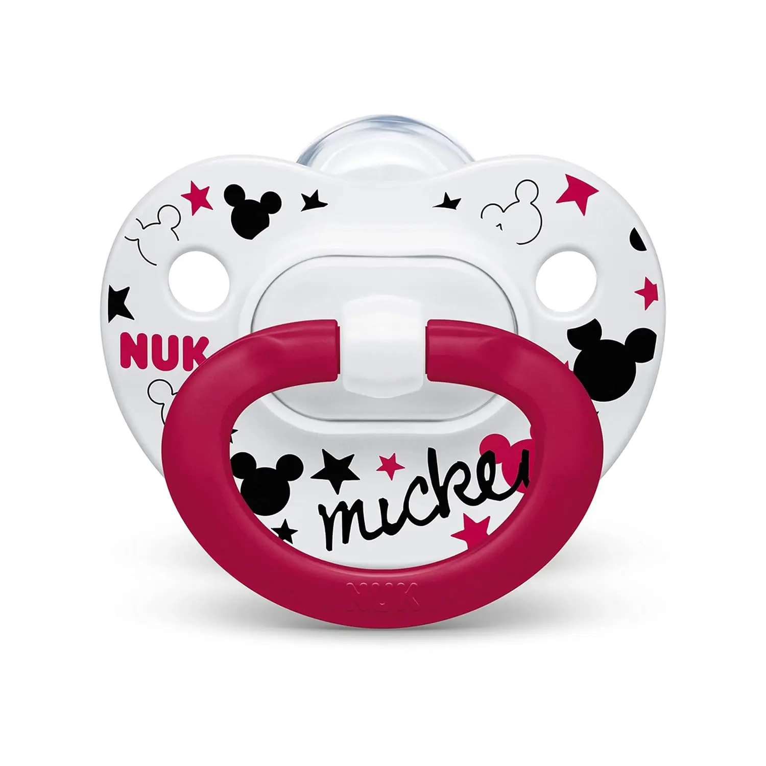 Two NUK Disney Mickey Mouse orthodontic pacifiers for babies ages 6 to 18 months, featuring an asymmetrical shape, heart-shaped shield, and reusable storage case.