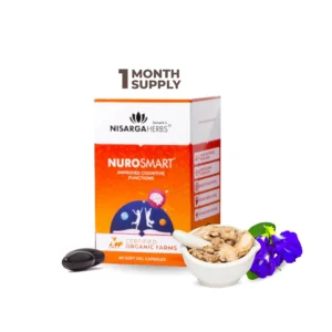 Nisarga Herbs Nurosmart brain supplement with Brahmi and Shankhpushpi enhances memory, focus, and cognitive function for teenagers and adults.
