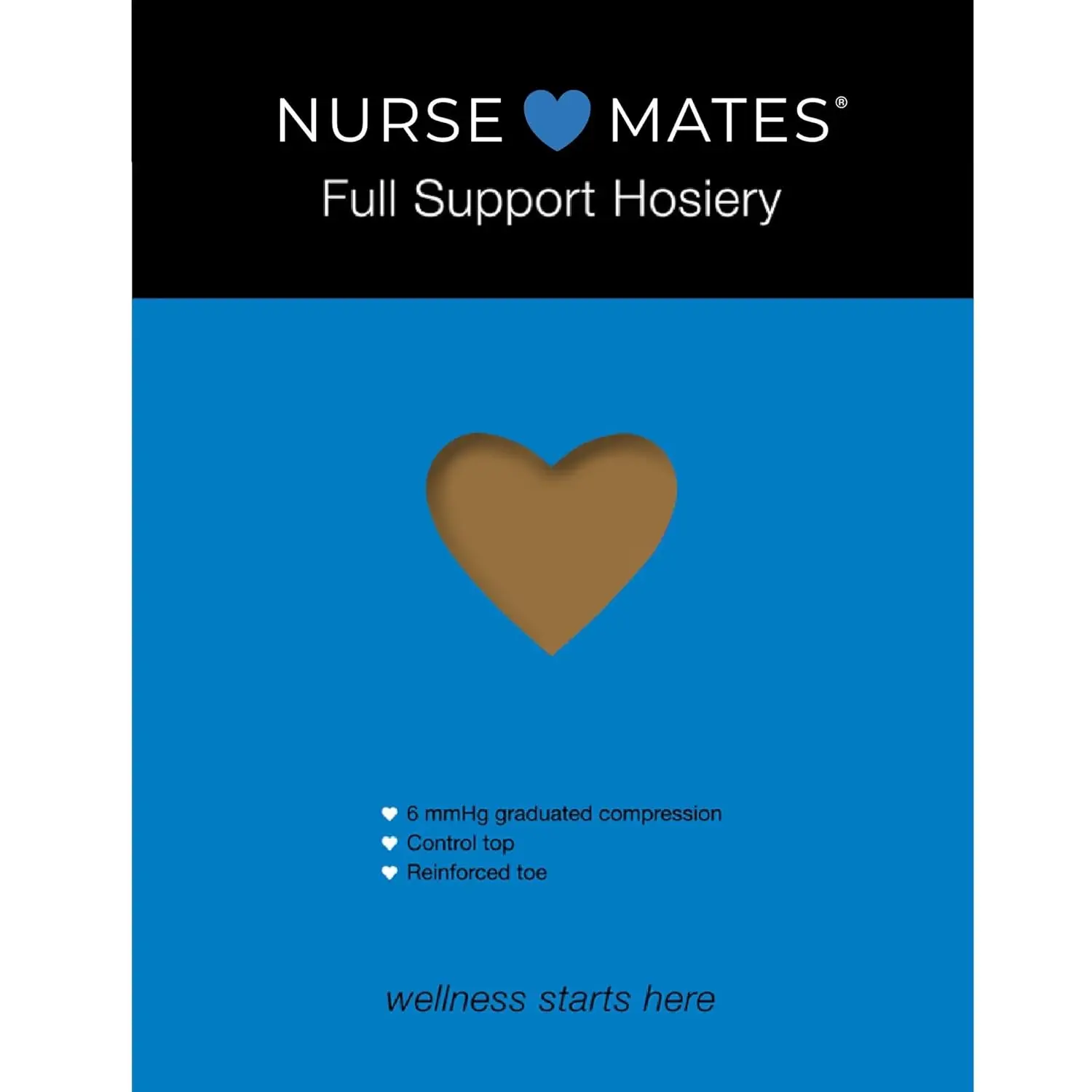 Nurse Mates graduated compression pantyhose with control top, reinforced toes, and run guard at the thigh, providing 6 mmHg of support.