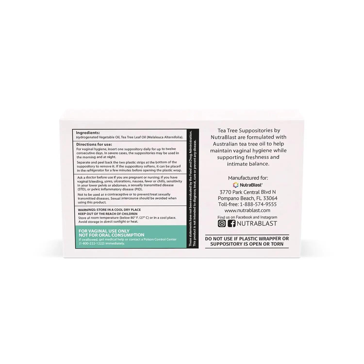 Twelve NutraBlast tea tree oil suppositories made in the USA help to restore feminine pH balance with an all-natural intimate deodorant.