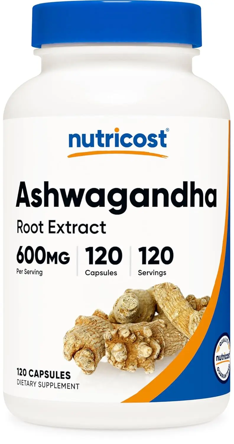 Bottle of Nutricost Ashwagandha Root Extract capsules containing 600mg of pure ashwagandha extract per serving to support daily wellness.