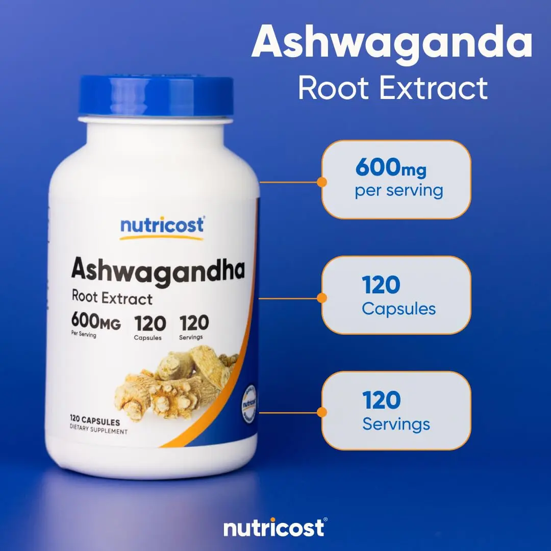 Bottle of Nutricost Ashwagandha Root Extract capsules containing 600mg of pure ashwagandha extract per serving to support daily wellness.