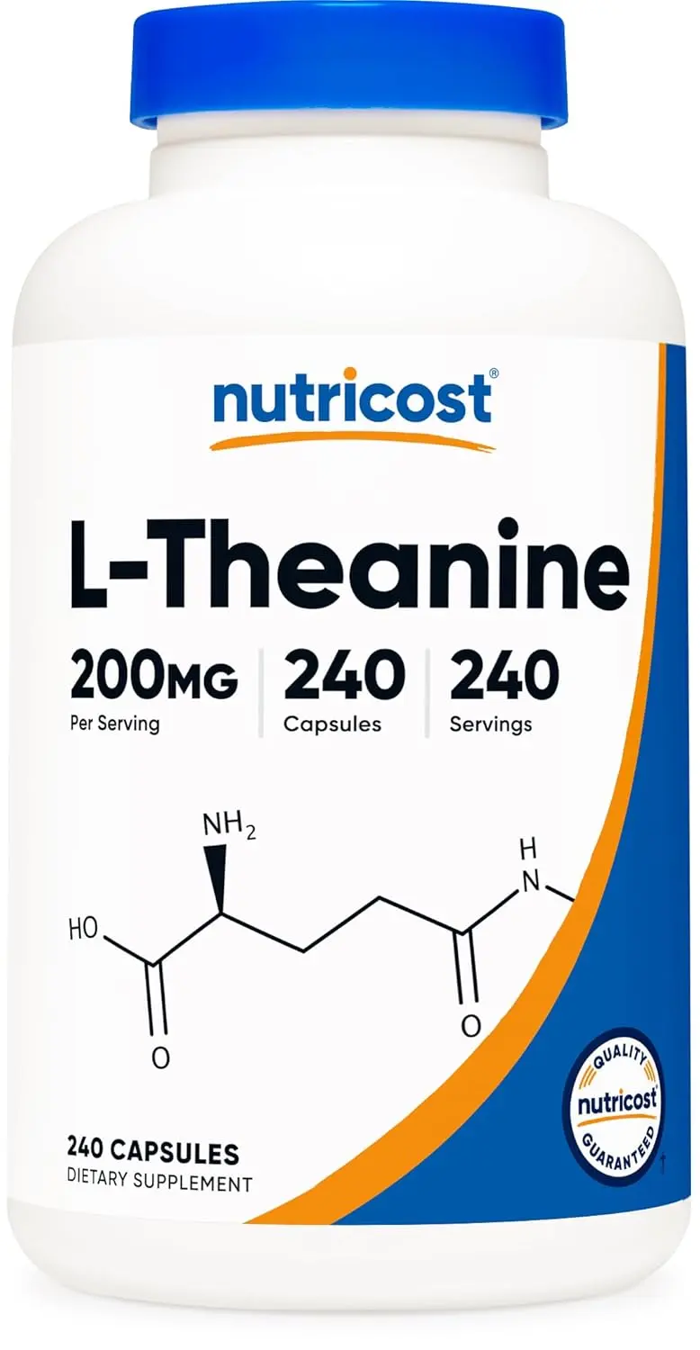 This is a bottle of Nutricost L-Theanine double strength, 200mg capsules, with 240 capsules per bottle, that are non-GMO and gluten-free.