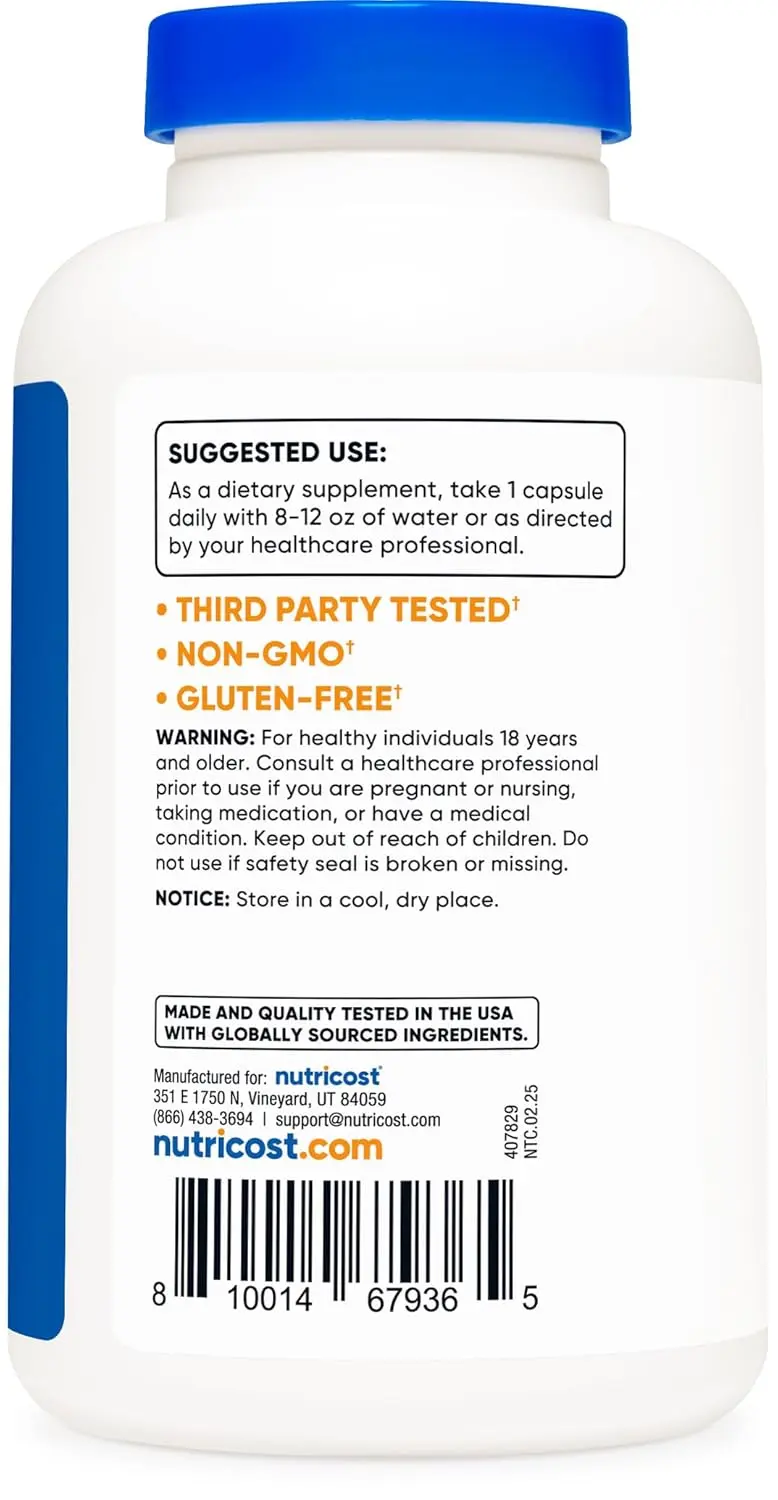 This is a bottle of Nutricost L-Theanine double strength, 200mg capsules, with 240 capsules per bottle, that are non-GMO and gluten-free.