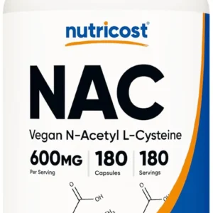 Nutricost bottle containing 180 N-Acetyl L-Cysteine NAC 600mg capsules.
