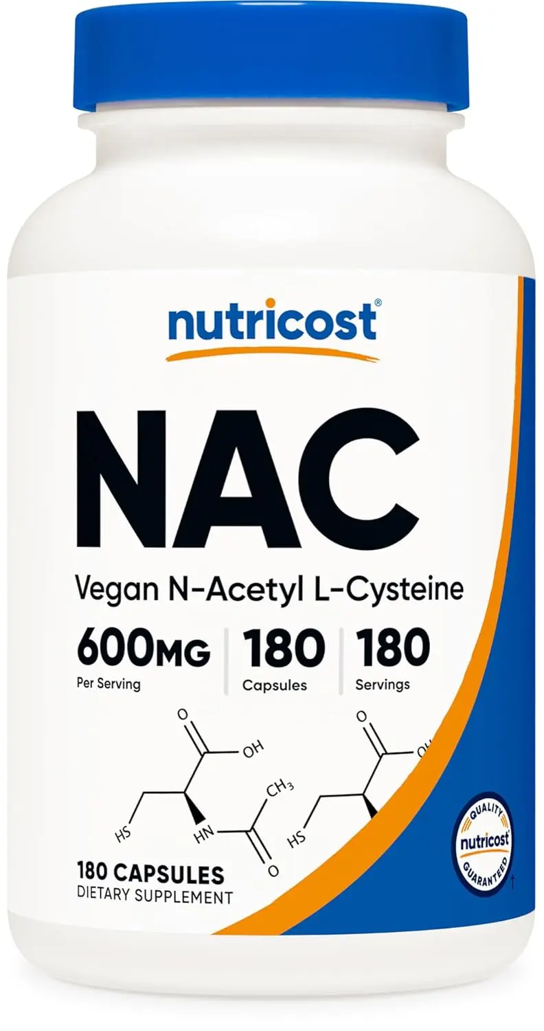 Nutricost bottle containing 180 N-Acetyl L-Cysteine NAC 600mg capsules.