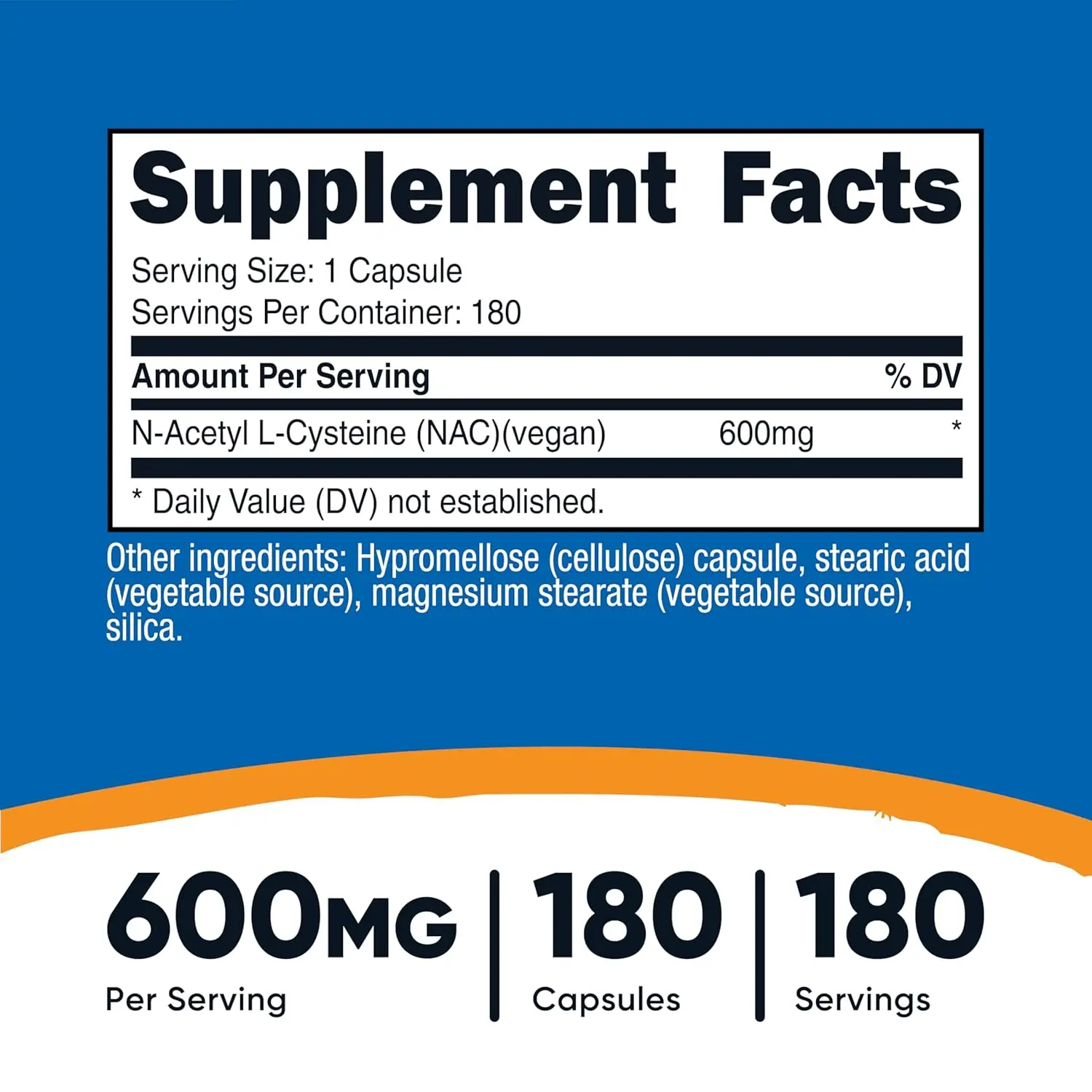 Nutricost bottle containing 180 N-Acetyl L-Cysteine NAC 600mg capsules.
