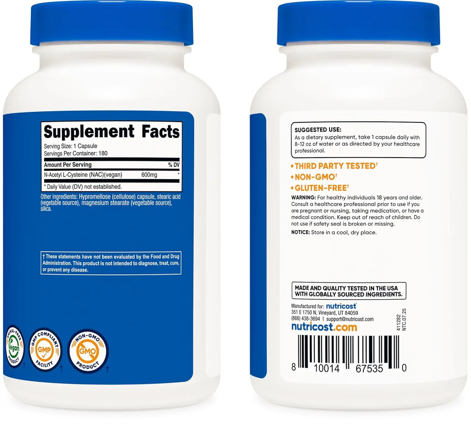 Nutricost bottle containing 180 N-Acetyl L-Cysteine NAC 600mg capsules.