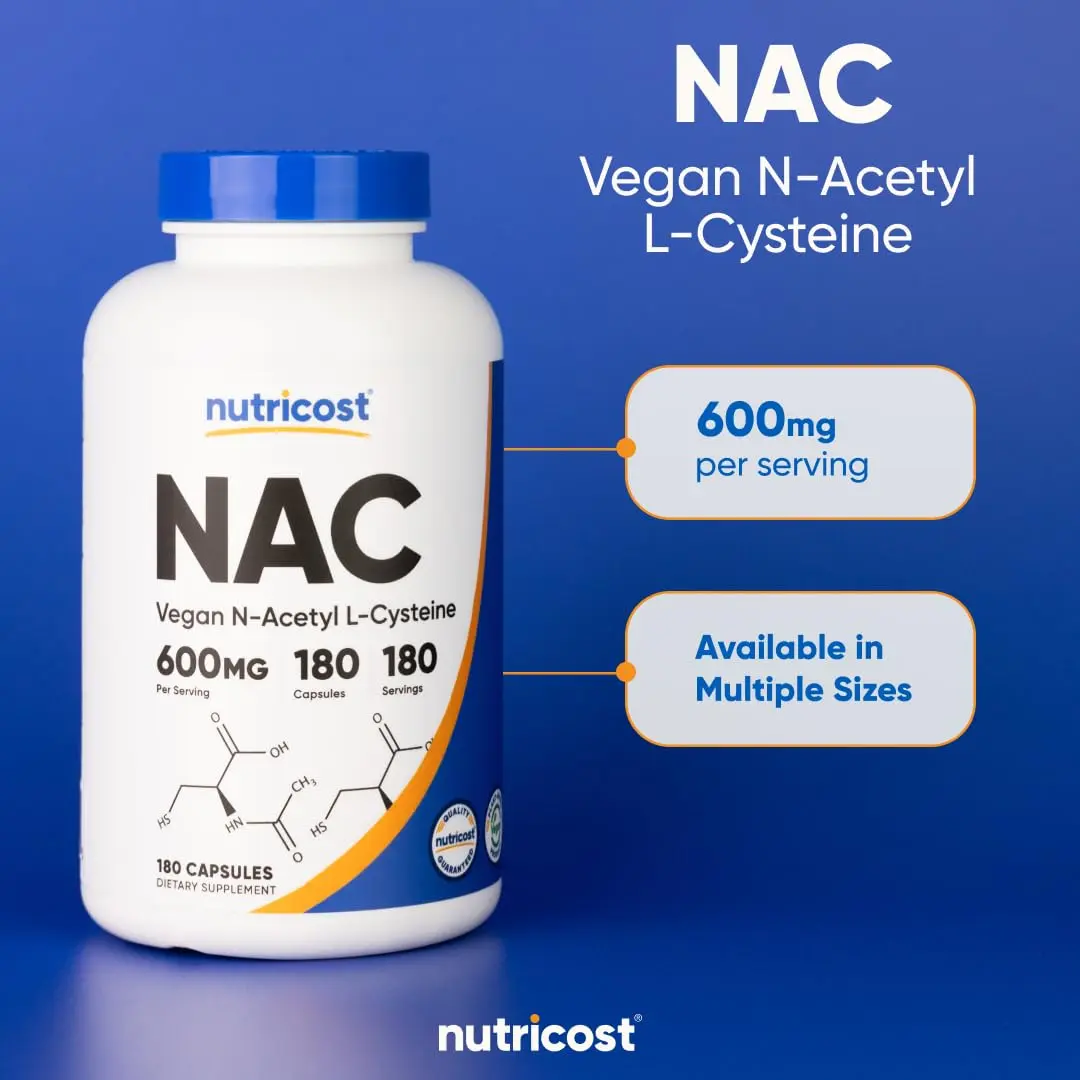 Nutricost bottle containing 180 N-Acetyl L-Cysteine NAC 600mg capsules.