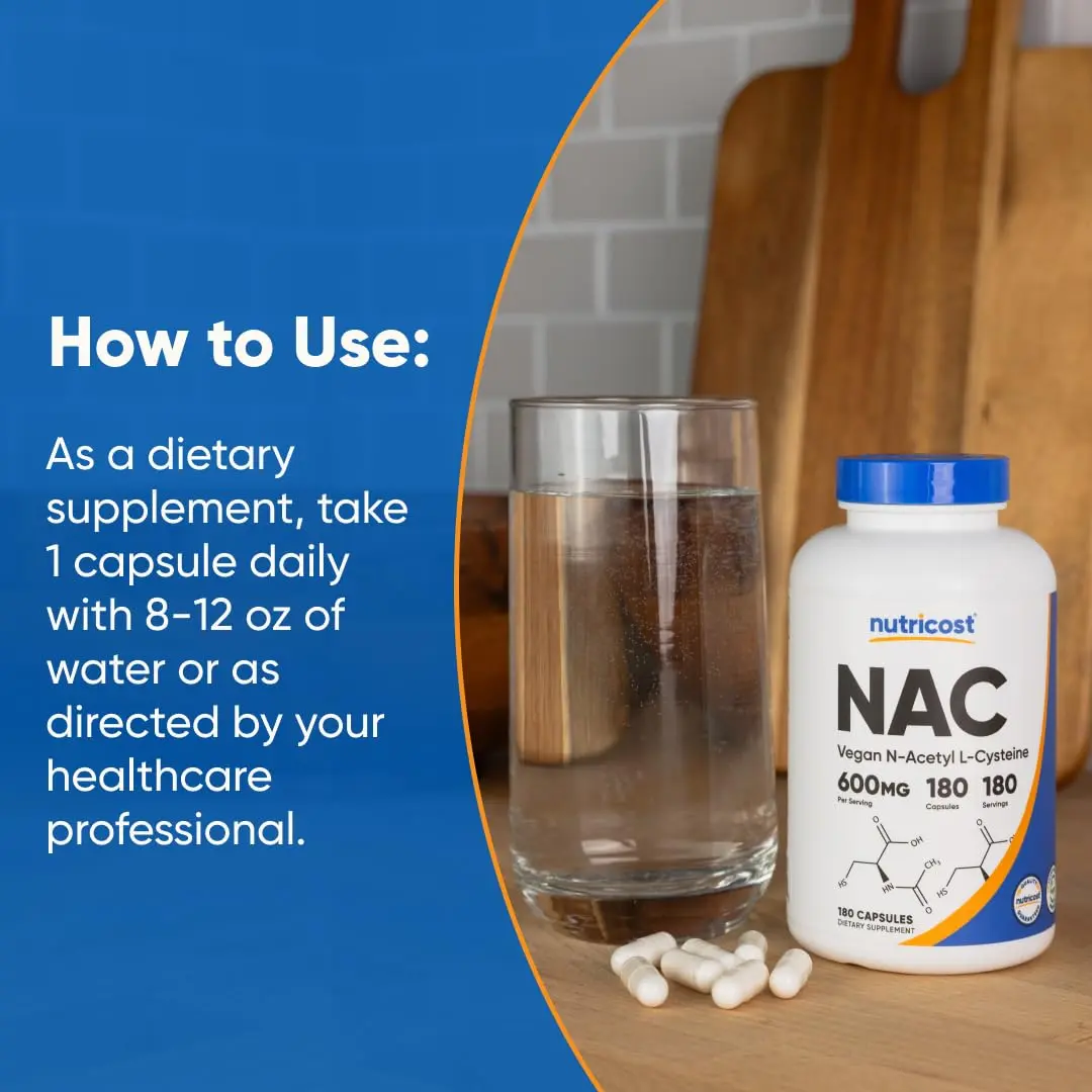 Nutricost bottle containing 180 N-Acetyl L-Cysteine NAC 600mg capsules.