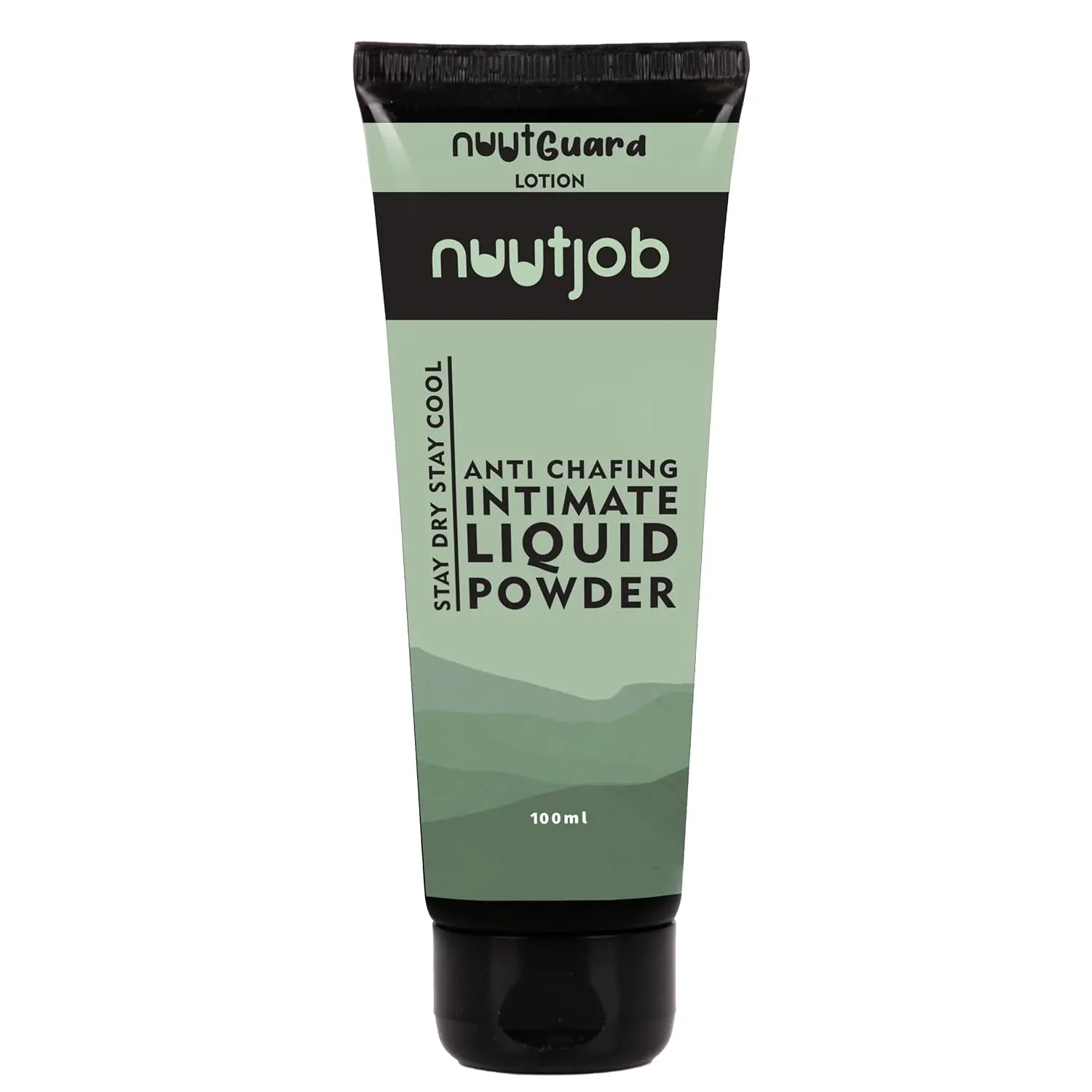 Nuut Guard liquid powder applies as a lotion and dries as a cooling powder to prevent wetness and keep men dry and fresh all day, with a talc, aluminum, and paraben-free formula.